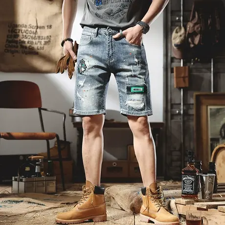 欧洲站刺绣潮牌破洞牛仔短裤男个性印花青年夏季新款五分裤中裤潮商品大图