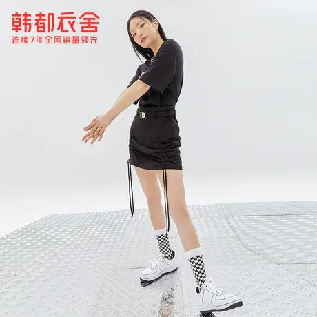 韩都衣舍抽褶短裙夏季新款学院风高腰A字黑色半身裙女OM83509图片