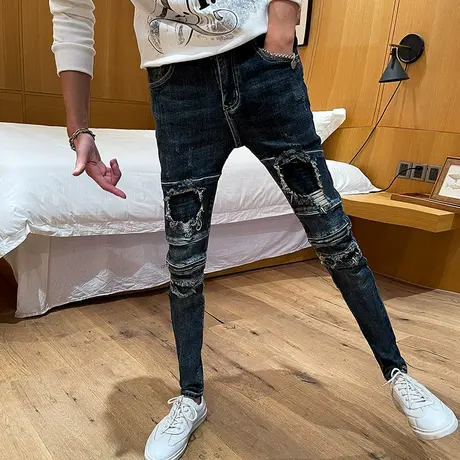 2023春秋新款个性乞丐破洞牛仔裤男潮拉链拼接修身小脚裤水洗百搭图片