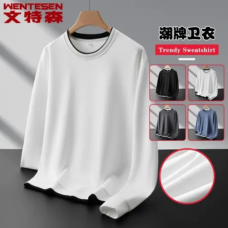 春秋季新款假两件卫衣男韩版潮流休闲宽松圆领纯色长袖男士上衣服商品大图