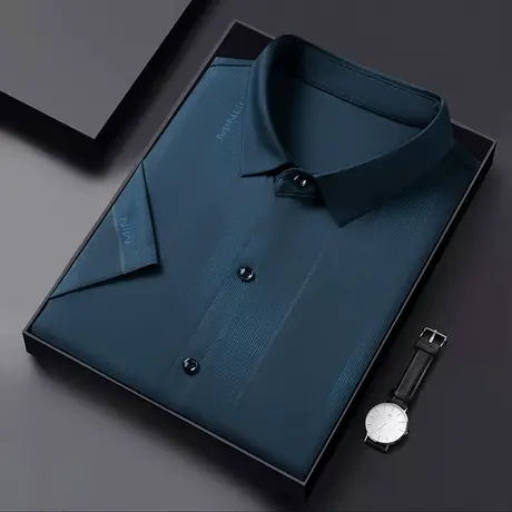 高端免烫短袖衬衫男士冰丝无痕压胶高级感轻奢抗皱商务长袖衬衣男图片
