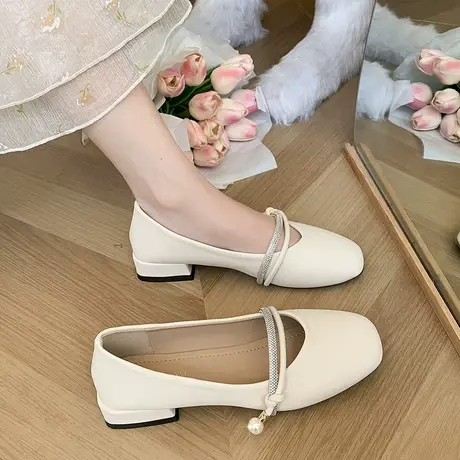 仙女风玛丽珍女鞋2023春夏季新款珍珠水钻粗跟豆豆鞋一脚蹬单鞋女商品大图