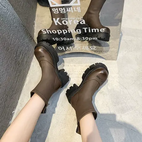 厚底短靴女棕色2023新款小个子增高靴圆头瘦瘦靴舒适软底夏秋单靴图片