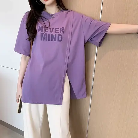大码女装开叉短袖T恤女夏季设计感小众上衣宽松遮肚显瘦胖mm200斤商品大图