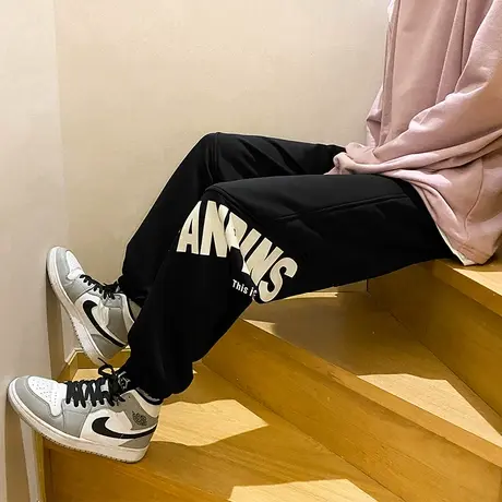 抽绳卫裤男束脚运动裤春秋季新款潮牌字母印花休闲港风宽松长裤子图片