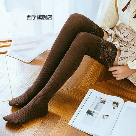 蕾丝花边长筒袜过膝袜女士甜美韩版竖条纹高筒袜子女日系打底袜套商品大图