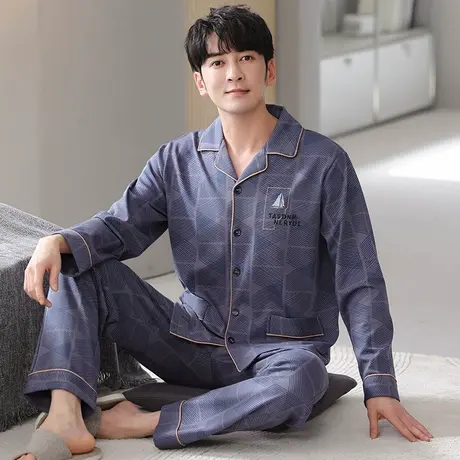 婷美睡衣男士长裤春秋纯棉可外穿长袖简约休闲家居服春夏天两件套商品大图