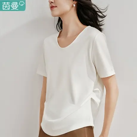 茵曼官方旗舰店法式设计感收腰T恤女2024年夏季新款短袖白色上衣图片