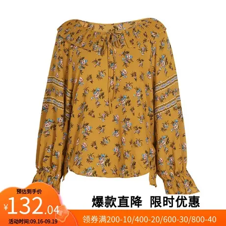 【艾格】2023春季新款休闲上衣女圆领系带灯笼袖雪纺衫官方旗舰店商品大图