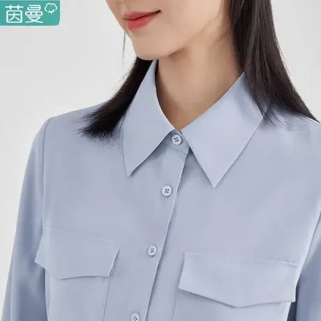 茵曼法式职业蓝色衬衫女2023年秋季新款长袖通勤修身显瘦衬衣上衣商品大图