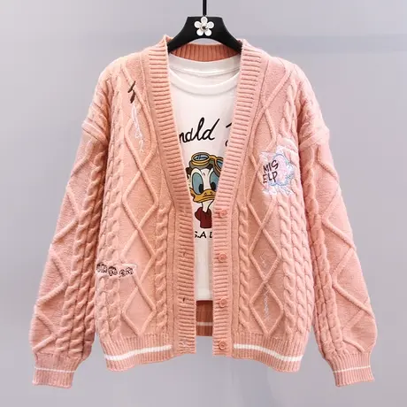 日系刺绣麻花毛衣外套女秋冬2023新款宽松学院风V领长袖针织开衫图片