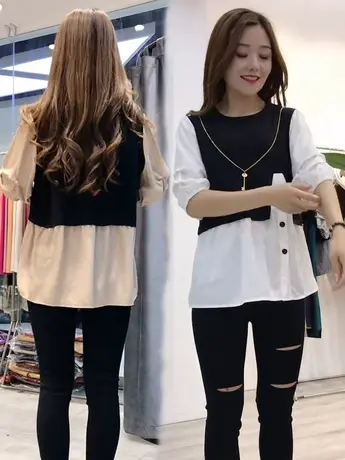 衬衫女2023春夏新款设计感显瘦小众轻熟假两件小个子五分袖衬衣潮商品大图