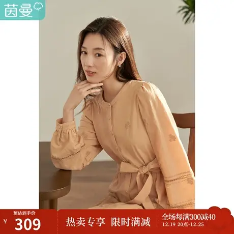 【商场同款】茵曼秋女装新款休闲田园提花腰带显瘦圆领连衣裙图片