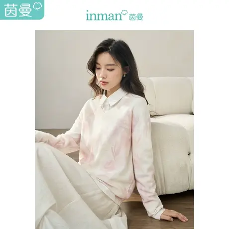 【商场同款】茵曼浅粉印花毛衣2023秋季女装新款V领长袖针织衫商品大图