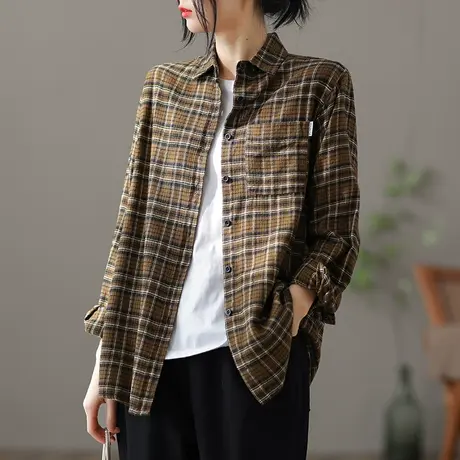 dza 文艺复古早春格子衬衫女士短款外套2022新款上衣开衫漂亮衬衣商品大图
