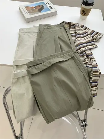 复古绿拼接阔腿气球裤女松紧高腰遮胯显瘦百搭春秋直筒休闲哈伦裤商品大图