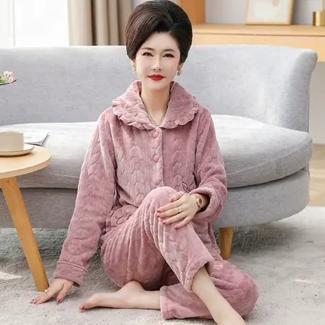 法兰绒冬季睡衣女士中老年妈妈加绒加厚夹棉家居服套装珊瑚绒新款图片
