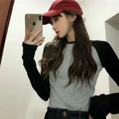撞色拼接上衣女插肩长袖t恤莫代尔打底衫秋冬修身春秋款紧身内搭图片