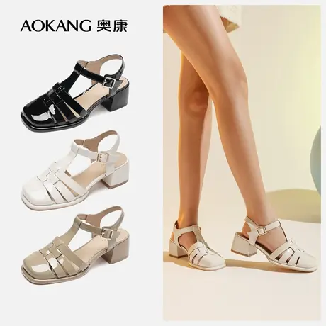 【门店发货】奥康女鞋 新款时尚百搭包头编织罗马凉鞋商品大图