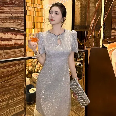 法式重工高级感宴会连衣裙女夏季高腰圆领小个子亮片生日小礼服裙图片