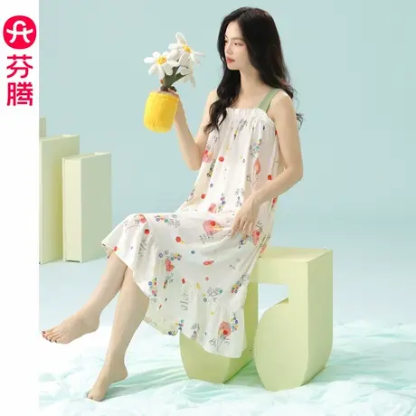 芬腾吊带睡裙女夏季纯棉薄款无袖睡衣裙休闲宽松夏天连衣裙家居服图片