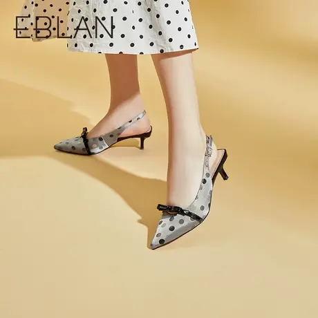 伊伴女鞋春夏后空尖头高跟鞋半凉一字后跟带外穿约会凉鞋小猫跟商品大图