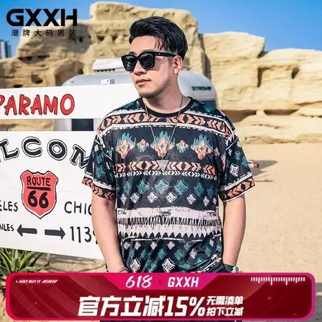 GxxH大码男装2025夏季新款个性印花圆领短袖T恤潮牌宽松冰丝上衣商品大图