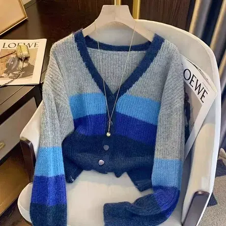 小香风V领条纹针织开衫女外套2023年秋季爆款毛衣针织衫洋气上衣图片