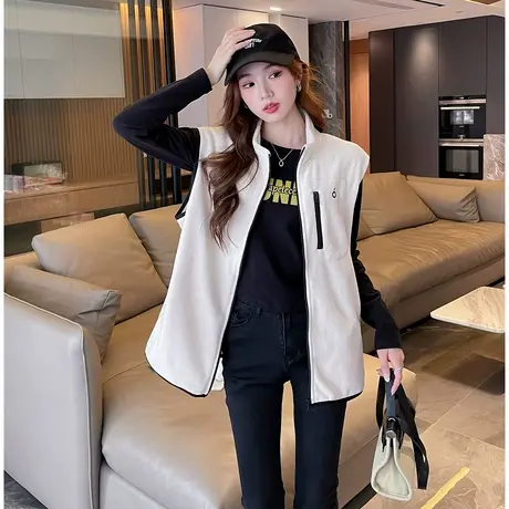 唐狮外套女新款立领撞色摇粒绒背心马甲设计感潮流百搭夹克保暖商品大图
