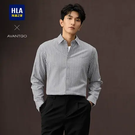 【礼盒装】HLA/海澜之家爸爸商务长袖衬衫25夏新款条纹绣花衬衣男图片