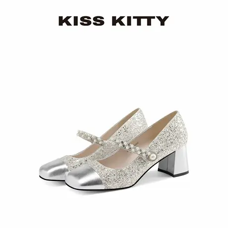 KISSKITTY玛丽珍女鞋25新款夏季一字带浅口单鞋女中跟粗跟高跟鞋图片