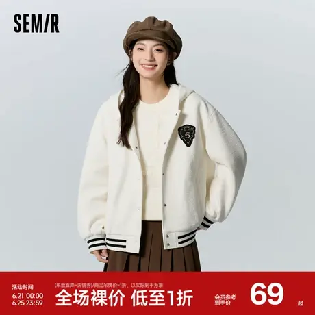森马外套女肌理连帽宽松落肩休闲时尚冬季女生撞色夹棉夹克学院风图片