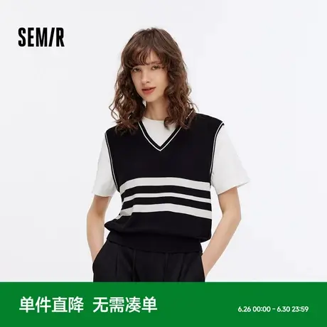 [商场同款]森马毛衣女短款假两件时尚2025秋新款条纹短袖毛衫气质商品大图