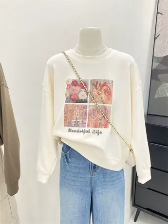 圆领卫衣女2023新款爆款复古印花时尚洋气宽松显瘦小个子长袖上衣商品大图