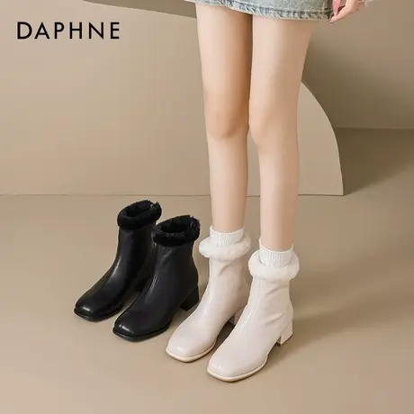 达芙妮加绒白色短靴女2025新款靴子女秋冬法式方头瘦瘦靴切尔西靴商品大图