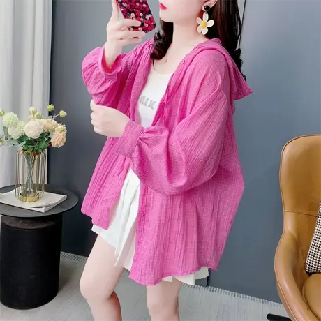 细格连帽防晒衬衫女夏季2025新款宽松薄款透气洋气百搭防晒服上衣图片