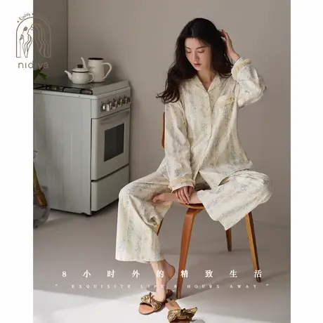 妮狄娅睡衣女秋季纯棉长袖简洁宽松开衫可外穿春秋清新家居服套装商品大图