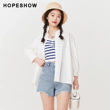 红袖outlets纯色单排扣翻领衬衫hopeshow2023夏款宽松气质小上衣商品大图