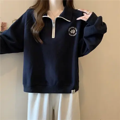 半拉链POLO领长袖卫衣女初秋薄款百搭宽松显瘦刺绣短款插肩袖上衣商品大图