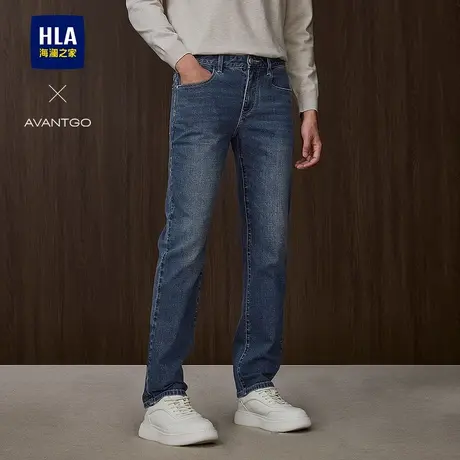 HLA/海澜之家轻商务水洗猫须牛仔裤25秋季新款微弹宽松直筒长裤男图片