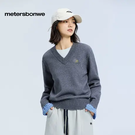 美特斯邦威毛衣女2025冬季新款休闲假两件花边毛衫撞色格纹上衣AA图片