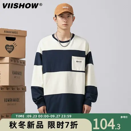 VIISHOW美式条纹重磅纯棉圆领卫衣男高街复古上衣潮牌宽松卫衣图片