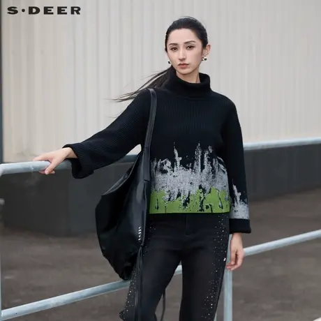 sdeer圣迪奥冬季女装个性高领涂鸦印花宽松针织衫S24483512商品大图