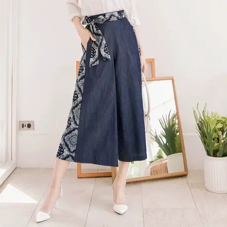 桔熊夏季民族风七分裤子女图腾印花蝴蝶结宽松阔腿裤裙大码BA6111图片