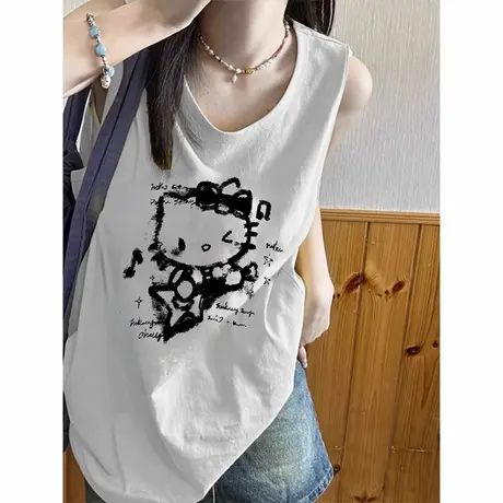 白色kitty猫吊带背心女2025夏外穿宽松慵懒风运动巨好看无袖上衣图片