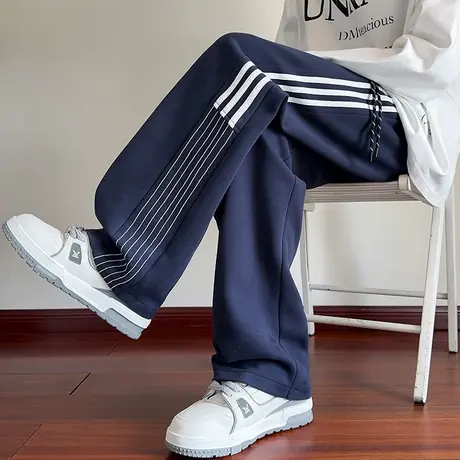 美式条纹裤子男春秋季2025新款撞色阔腿裤潮牌宽松设计感休闲卫裤商品大图