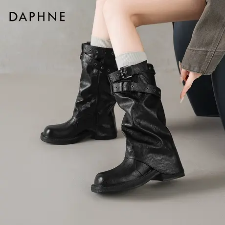 达芙妮长筒靴女2025新款冬季复古粗跟骑士靴高级感裤管堆堆高筒靴图片
