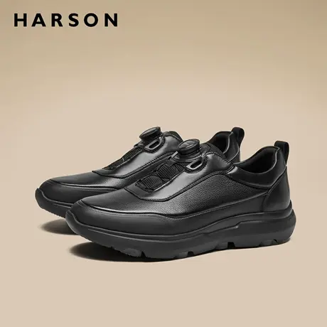 哈森男鞋秋季新款商务休闲皮鞋男增高软底真皮运动鞋全黑公务鞋男商品大图