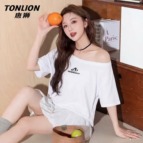 唐狮官方一字肩短袖t恤女2026新款春夏美式纯欲打底衫斜肩上衣VC图片