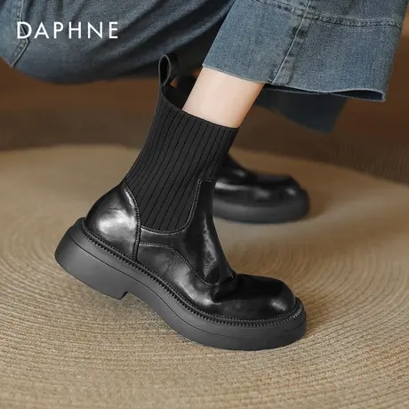 达芙妮短靴女冬季2026新款针织弹力袜靴黑色瘦瘦靴加绒厚底马丁靴商品大图